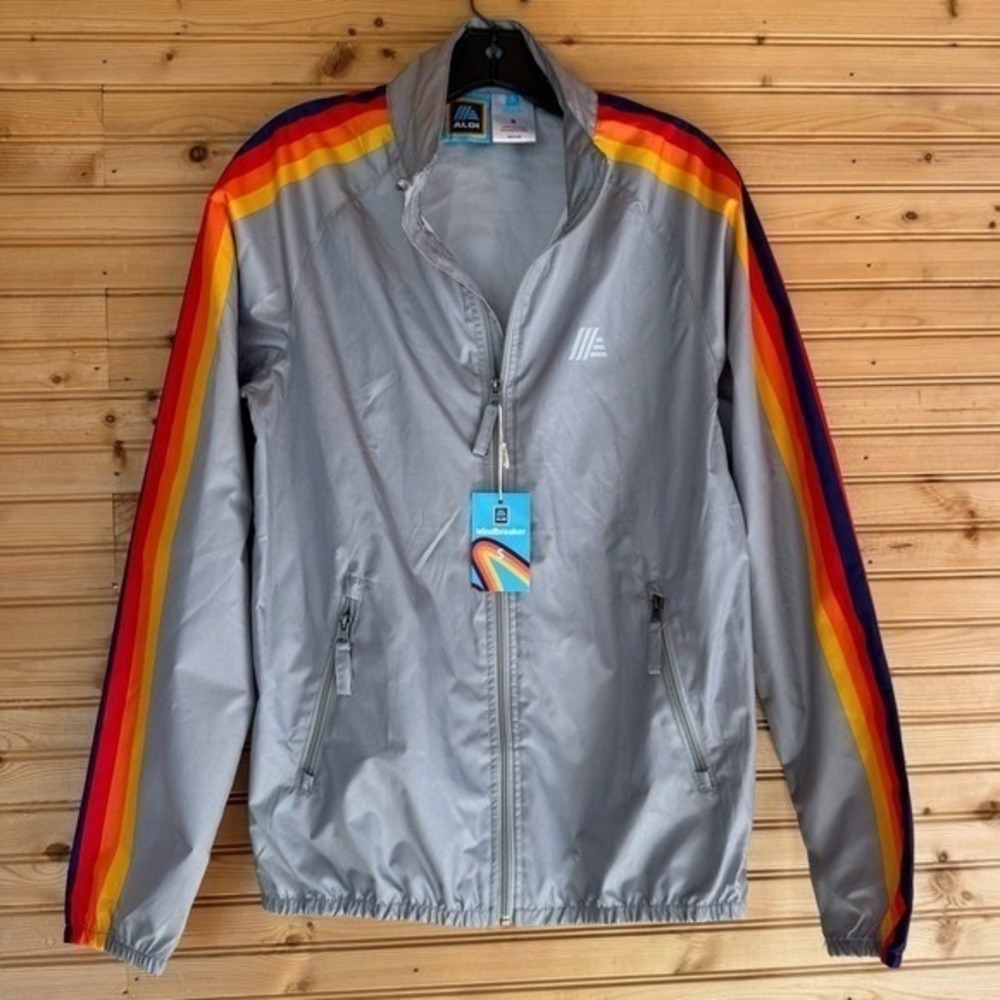 Aldi's Windbreaker NWT Grey Racing Stripes Small Aisle of Shame Shopping Rain